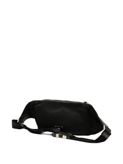 Pre-owned Prada 2013-2025 Saffiano Trimmed Impuntu Tessuto And Fur Double Buckle Belt Bag In Black