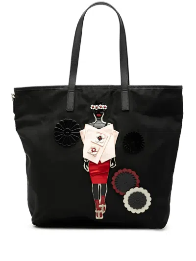 Pre-owned Prada 2013-2025 Saffiano Trimmed Tessuto Applique Tote Bag In Black