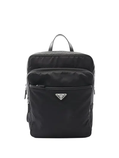 Pre-owned Prada 2013-2025 Saffiano Trimmed Tessuto Backpack In Black