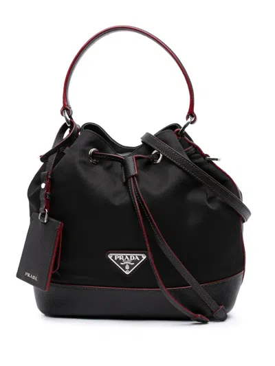 Pre-owned Prada 2013-2025 Saffiano Trimmed Tessuto Bucket Bag Satchel In Black