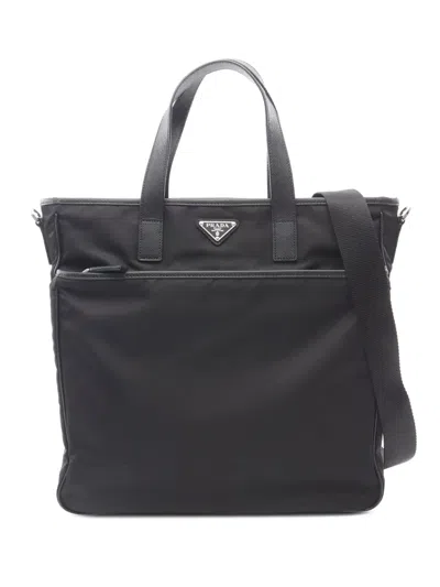 Pre-owned Prada 2013-2025 Saffiano Trimmed Tessuto Convertible Tote Satchel In Black