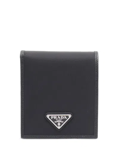 Pre-owned Prada 2013-2025 Saffiano-trimmed Tessuto Logo Bifold Wallet Long Wallets In Black