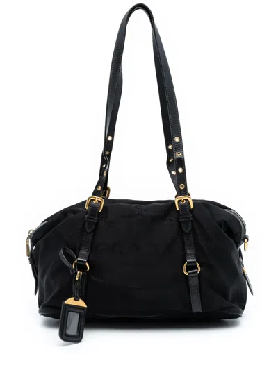 Pre-owned Prada 2013-2025 Saffiano Trimmed Tessuto Logo Satchel In Black