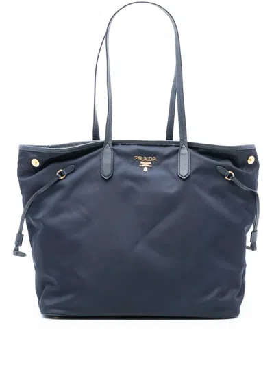 Pre-owned Prada 2013-2025 Saffiano Trimmed Tessuto Open Convertible Tote Satchel In Blue