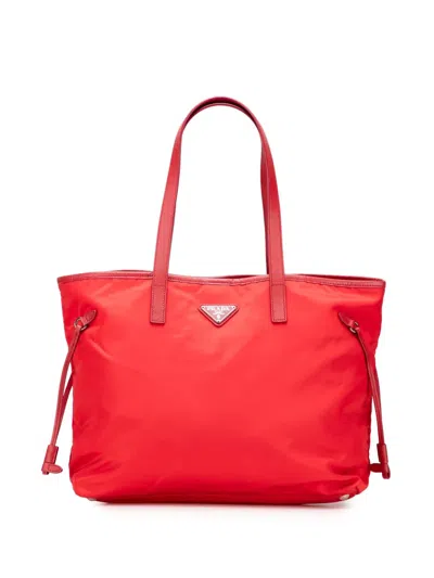 Pre-owned Prada 2013-2025 Saffiano Trimmed Tessuto Open Convertible Tote Satchel In Red