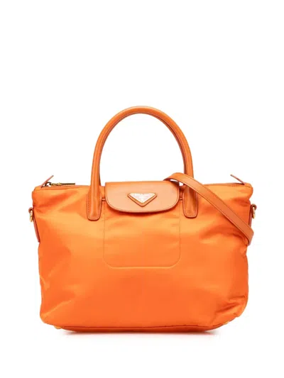 Pre-owned Prada 2013-2025 Saffiano Trimmed Tessuto Satchel In Orange