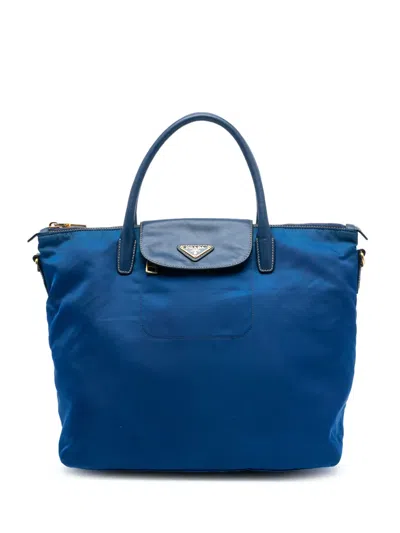 Pre-owned Prada 2013-2025 Saffiano Trimmed Tessuto Satchel In Blue