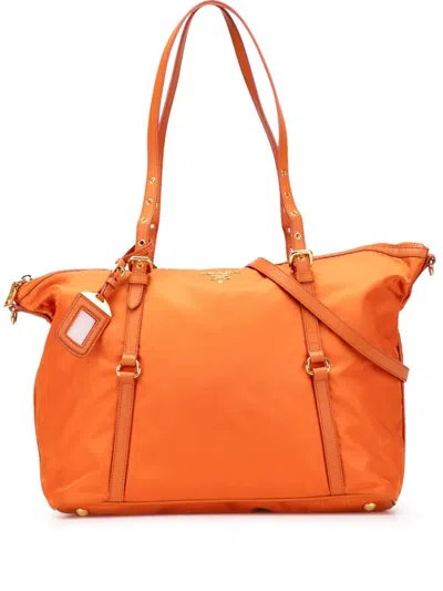 Pre-owned Prada 2013-2025 Saffiano Trimmed Tessuto Satchel In Orange