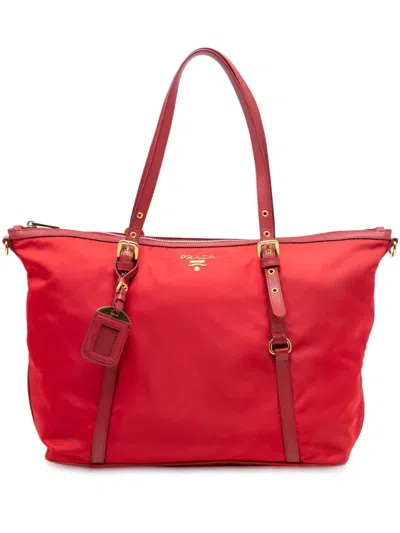 Pre-owned Prada 2013-2025 Saffiano Trimmed Tessuto Satchel In Red