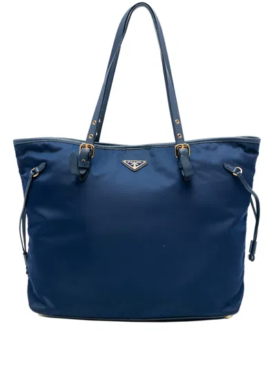 Pre-owned Prada 2013-2025 Saffiano Trimmed Tessuto Tote Bag In Blue