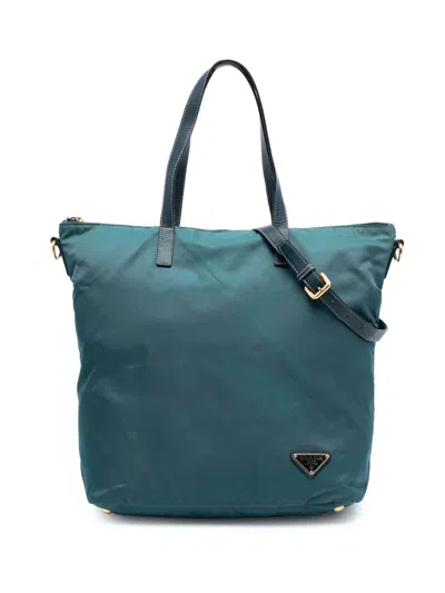 Pre-owned Prada 2013-2025 Saffiano Trimmed Tessuto Zip Top Convertible Tote Satchel In Blue