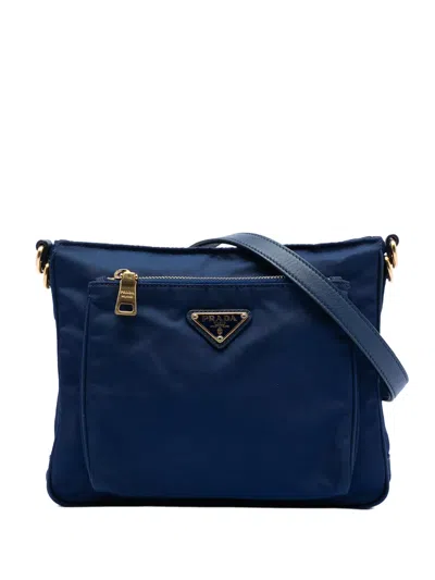 Pre-owned Prada 2013-2025 Saffiano Trimmed Tessuto Zip Top Crossbody Bag In Blue