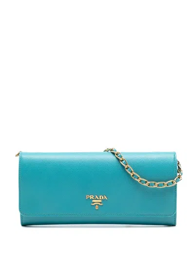 Pre-owned Prada 2013-2025 Saffiano Wallet On Chain Crossbody Bag In Blue