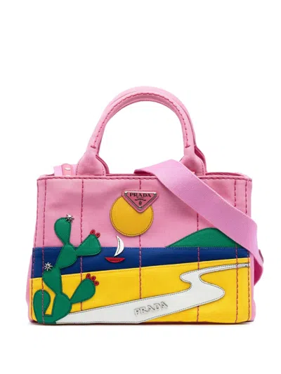 Pre-owned Prada 2013-2025 Small Canvas Canapa Desert Motif Patch Satchel In Multi