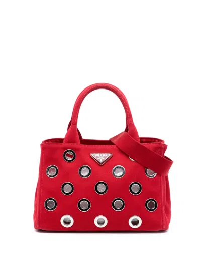 Pre-owned Prada 2013-2025 Small Canvas Canapa Grommet Satchel In Red