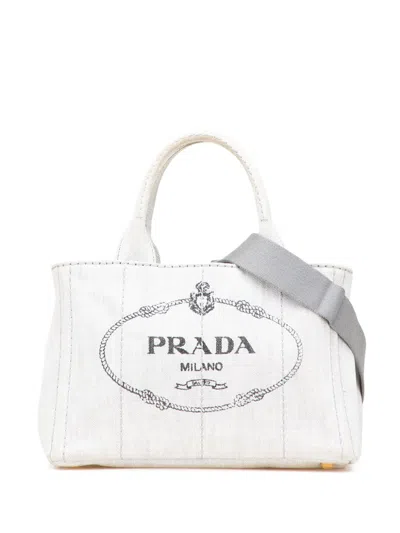 Pre-owned Prada 2013-2025 Small Denim Canapa Logo Satchel In Gray