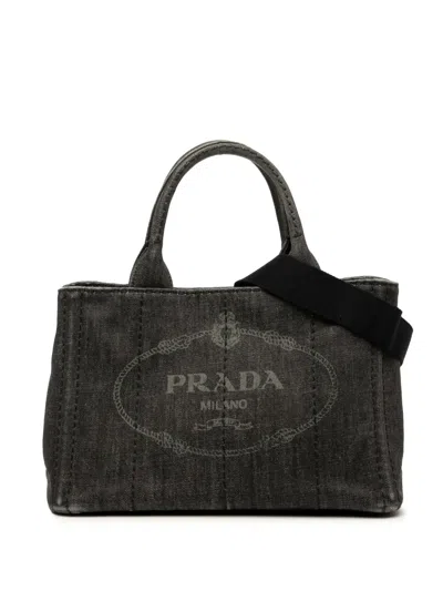 Pre-owned Prada 2013-2025 Small Denim Canapa Logo Satchel In Gray