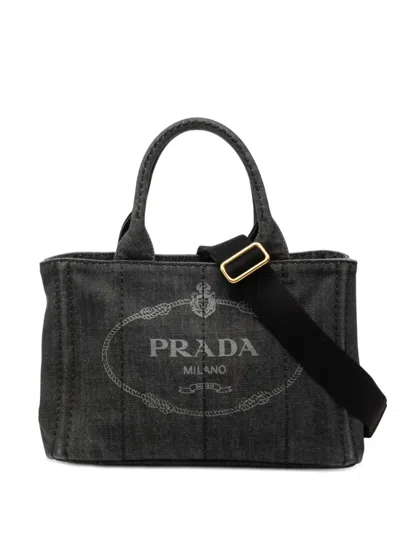 Pre-owned Prada 2013-2025 Small Denim Canapa Logo Satchel In Gray