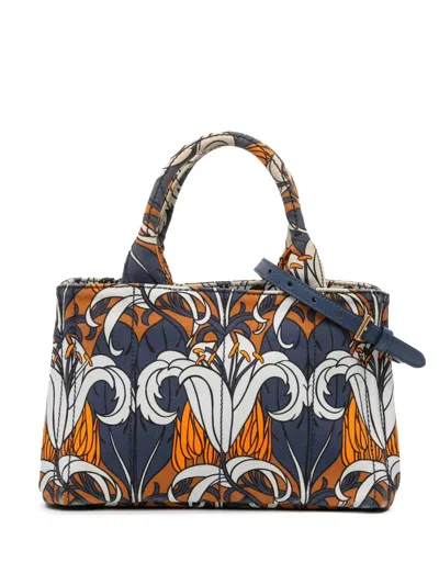 Pre-owned Prada 2013-2025 Small Floral Printed Canvas Canapa Satchel In Blue