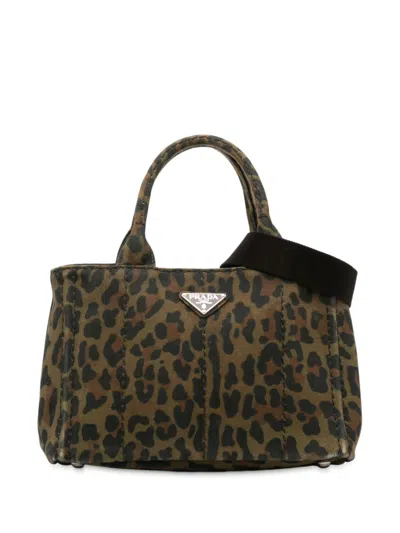 Pre-owned Prada 2013-2025 Small Leopard Print Canvas Canapa Satchel In Brown
