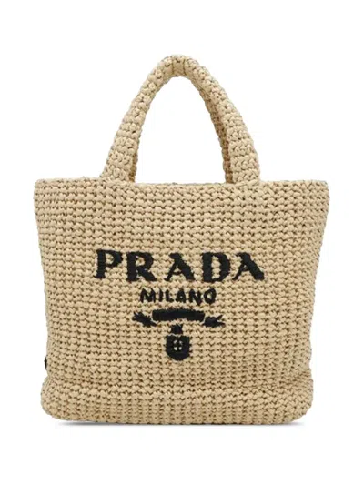 Pre-owned Prada 2013-2025 Small Raffia Effect Crochet Embroidered Logo Tote Bag