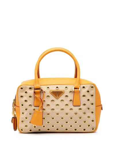 Pre-owned Prada 2013-2025 Small Saffiano Trimmed Canvas Grommet Bauletto Bag Handbag In Brown