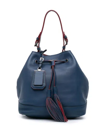 Pre-owned Prada 2013-2025 Soft Calf Tassel Convertible Drawstring Bucket Bag Satchel In Blue