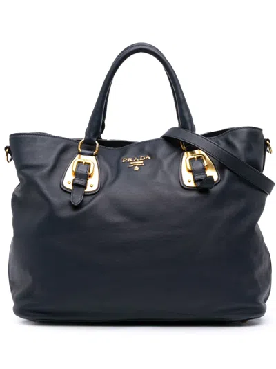Pre-owned Prada 2013-2025 Soft Calfskin Open Convertible Shopping Tote Satchel In Blue