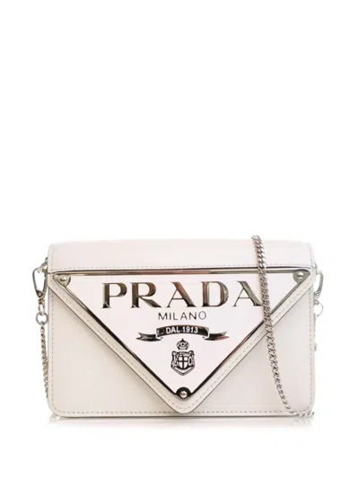 Pre-owned Prada 2013-2025 Spazzolato Triangle Logo Plate Flap Chain Crossbody Bag In White