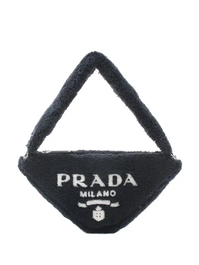 Pre-owned Prada 2013-2025 Spugna Terry Cloth Triangle Logo Handbag In Black
