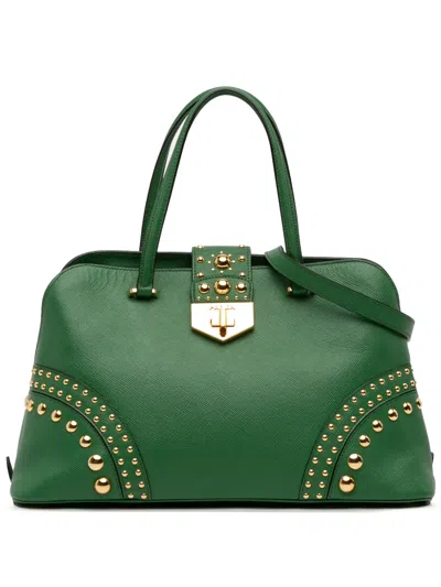 Pre-owned Prada 2013-2025 Studded Saffiano Cuir Promenade Satchel In Green