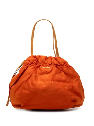 Pre-owned Prada 2013-2025 Tessuto Logo Drawstring Tote Bag In Orange