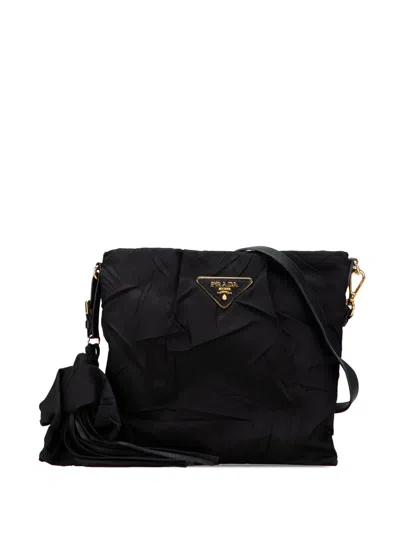 Pre-owned Prada 2013-2025 Tessuto Stropicciato Tassel Crossbody Bag In Black