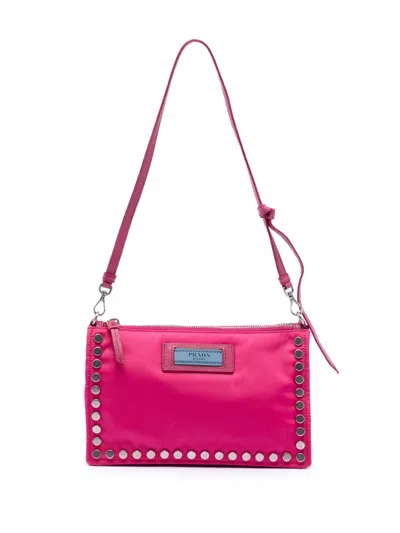 Pre-owned Prada 2013-2025 Tessuto Studded Etiquette Shoulder Bag In Pink