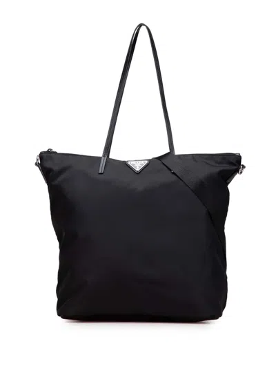 Pre-owned Prada 2013-2025 Tessuto Zip Top Convertible Tote Satchel In Black