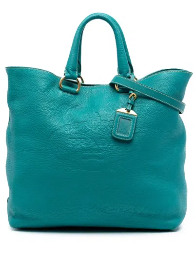 Pre-owned Prada 2013-2025 Vitello Daino Canapa Logo Open Convertible Tote Satchel In Blue