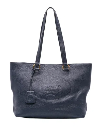 Pre-owned Prada 2013-2025 Vitello Daino Canapa Logo Tote Bag In Blue