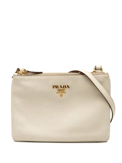 Pre-owned Prada 2013-2025 Vitello Daino Double Zip Crossbody Bag In White