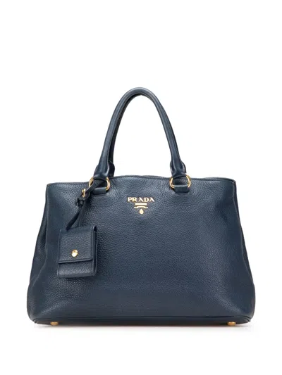 Pre-owned Prada 2013-2025 Vitello Daino Open Convertible Tote Satchel In Blue