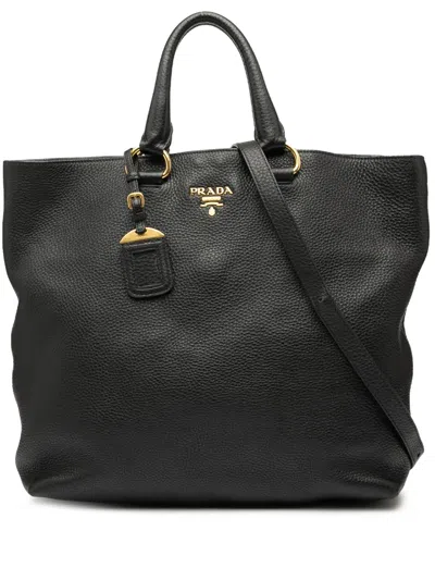Pre-owned Prada 2013-2025 Vitello Daino Open Convertible Tote Satchel In Black