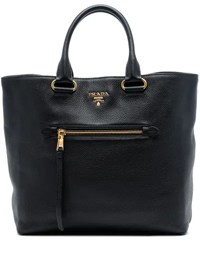 Pre-owned Prada 2013-2025 Vitello Daino Open Convertible Tote Satchel In Black