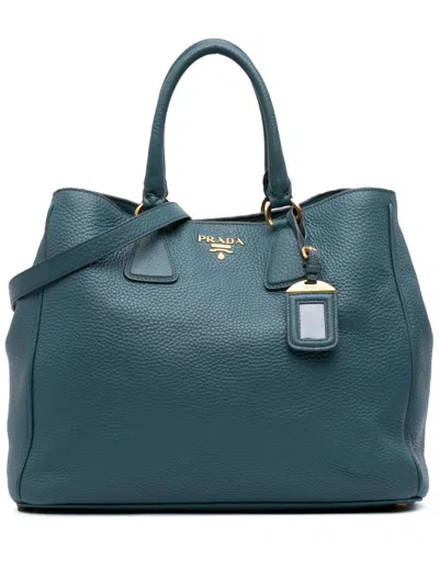 Pre-owned Prada 2013-2025 Vitello Daino Open Convertible Tote Satchel In Blue