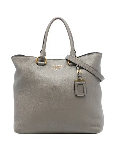 Pre-owned Prada 2013-2025 Vitello Daino Open Convertible Tote Satchel In Gray