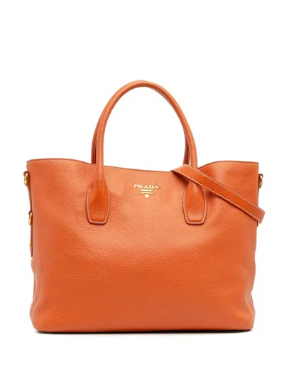 Pre-owned Prada 2013-2025 Vitello Daino Open Convertible Tote Satchel In Orange