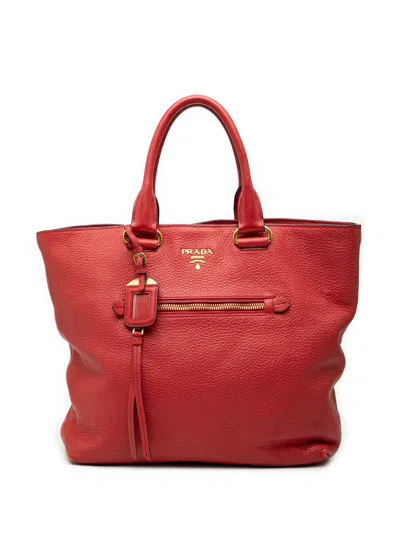 Pre-owned Prada 2013-2025 Vitello Daino Open Convertible Tote Satchel In Red