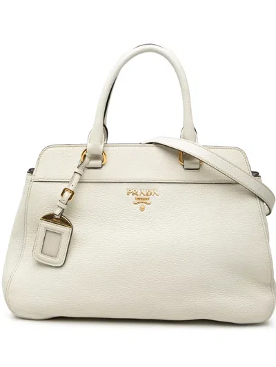 Pre-owned Prada 2013-2025 Vitello Daino Open Convertible Tote Satchel In White