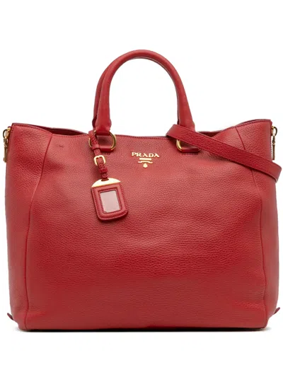 Pre-owned Prada 2013-2025 Vitello Daino Side Zip Convertible Tote Satchel In Red
