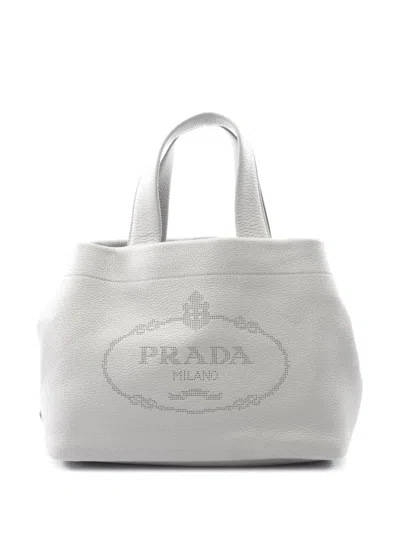 Pre-owned Prada 2013-2025 Vitello Daino Soft Perforated Logo Tote Bag In Gray