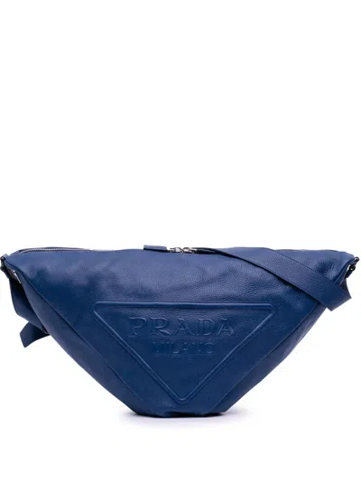 Pre-owned Prada 2013-2025 Vitello Daino Triangle Crossbody Bag In Blue