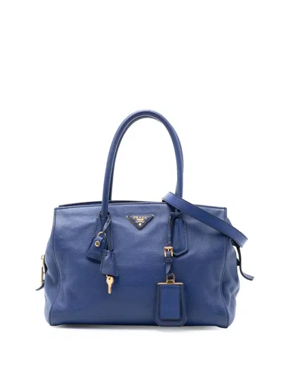 Pre-owned Prada 2013-2025 Vitello Daino Zip Top Satchel In Blue
